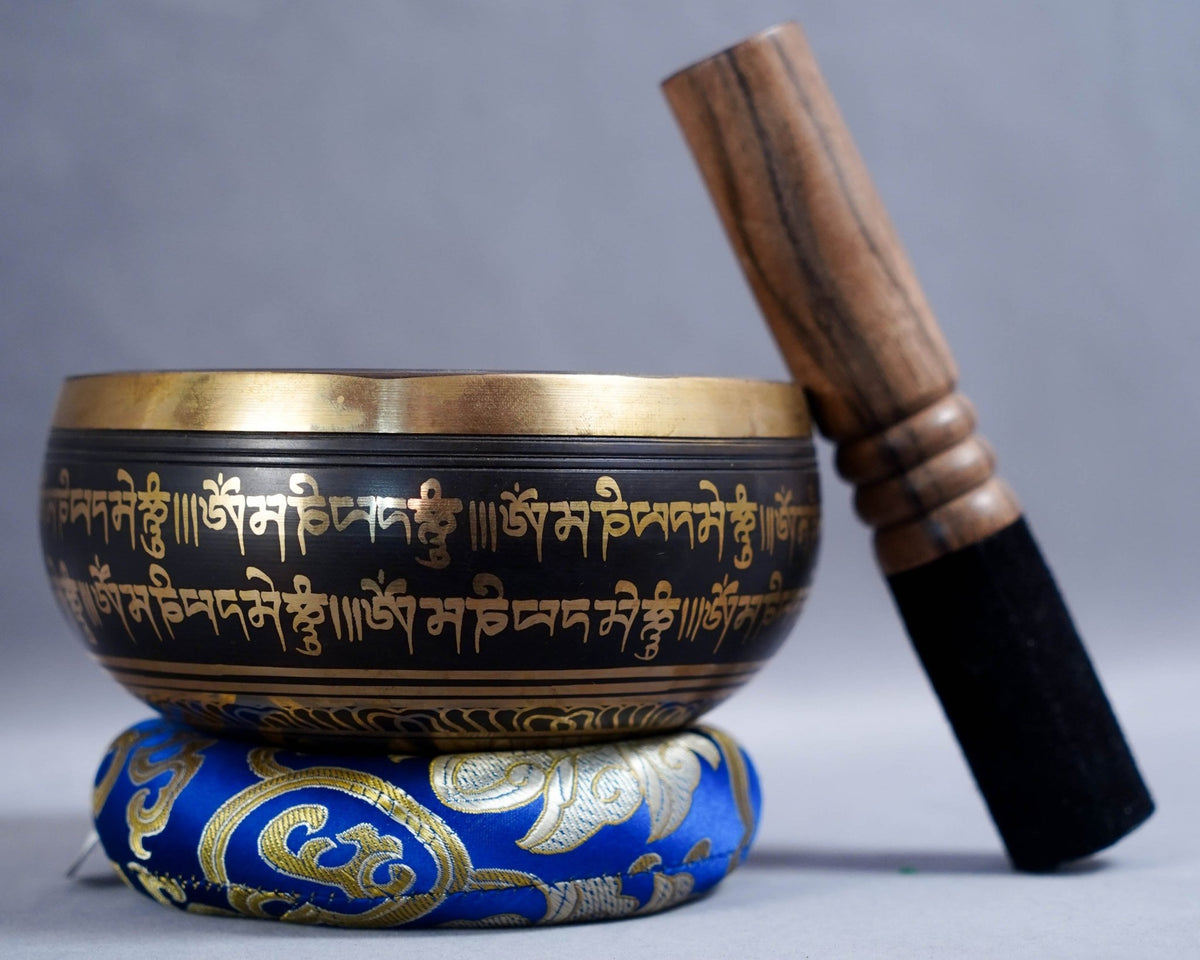SB-0003915cm Black Om Mani Padme Hum Etched Mantra Singing Bowl