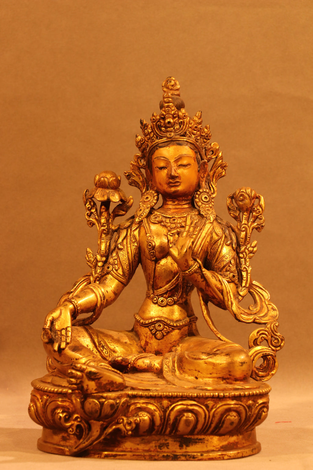 Green Tara Statue on Ornate Throne