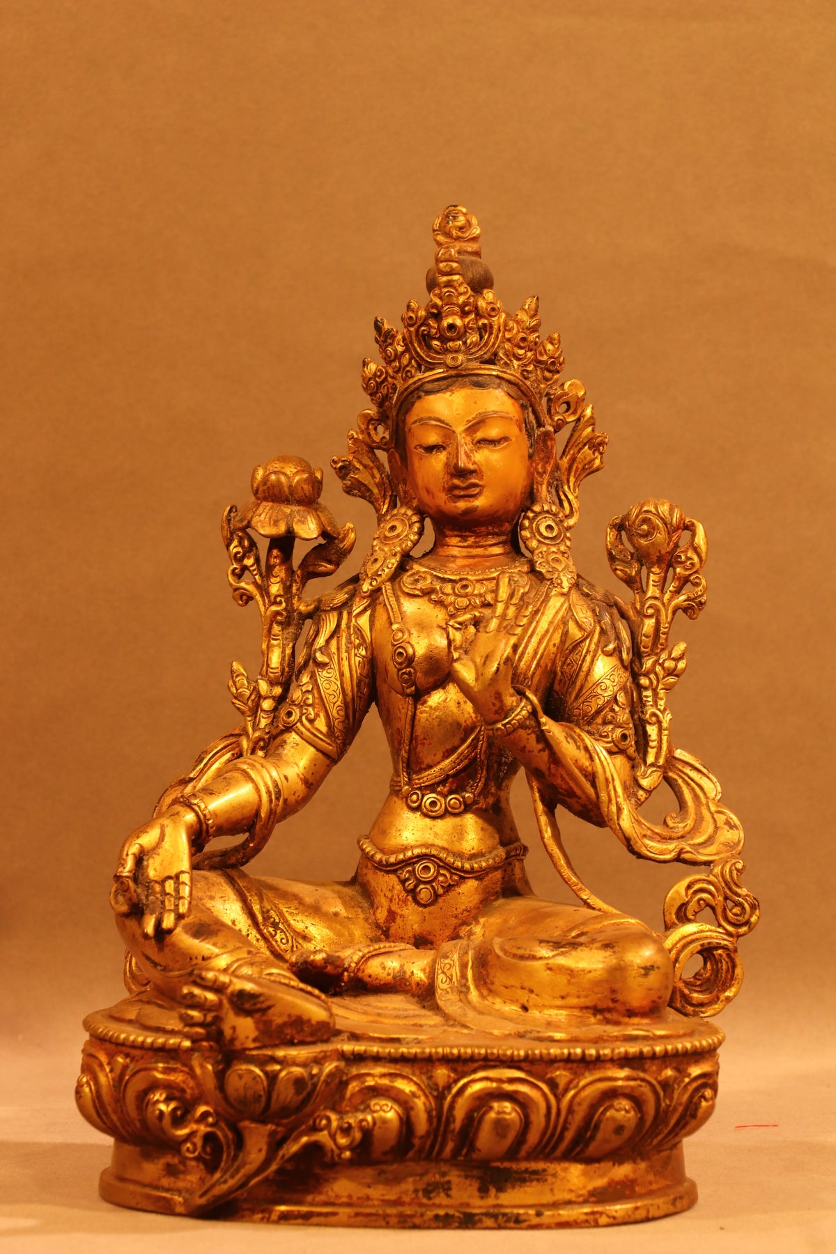 Green Tara Statue on Ornate Throne
