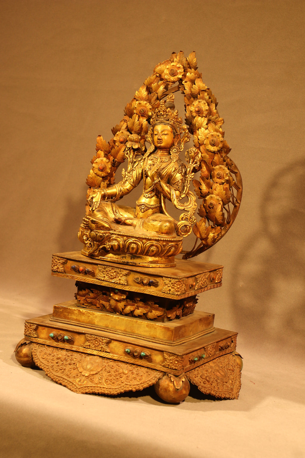 Green Tara Statue on Ornate Throne