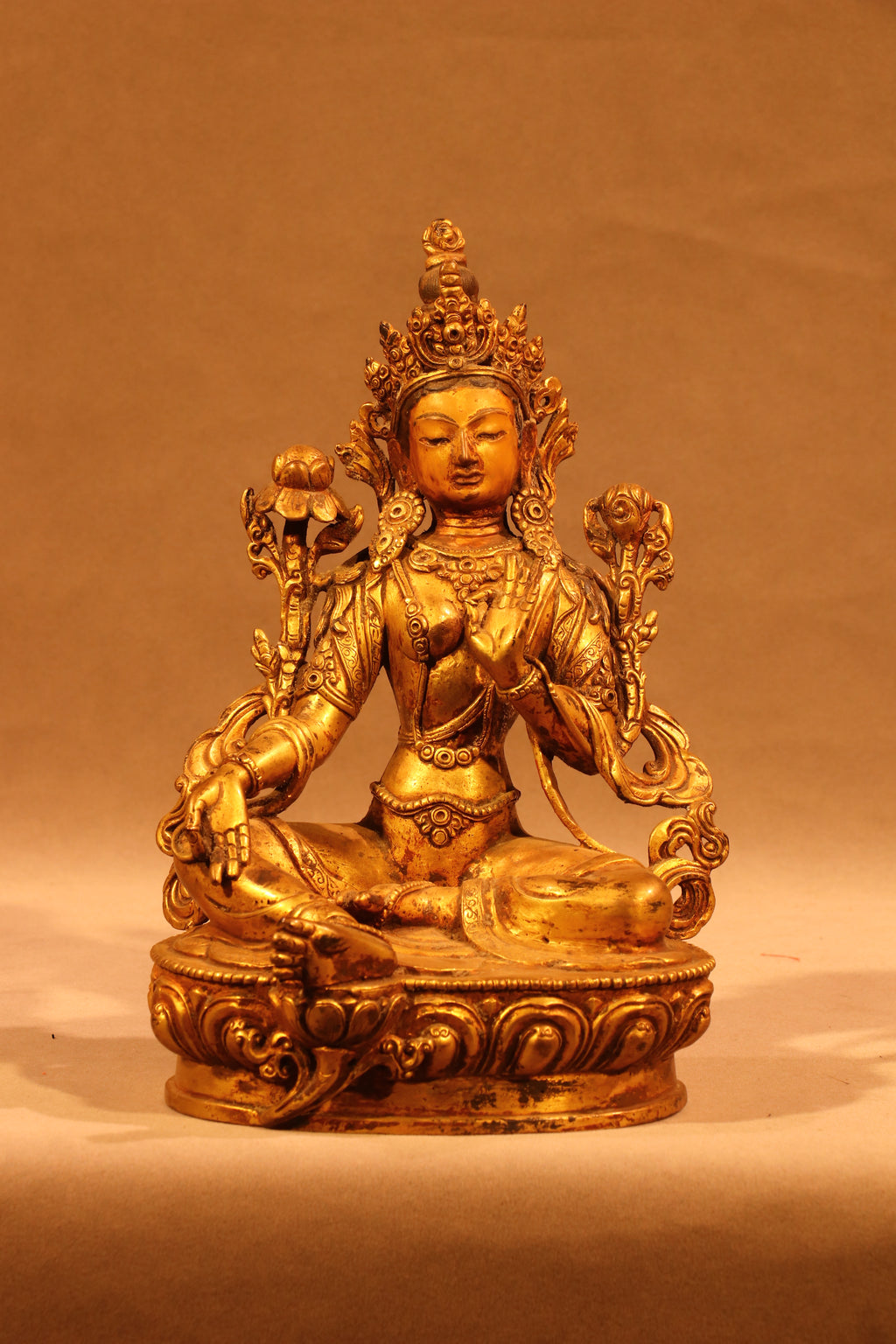 Green Tara Statue on Ornate Throne