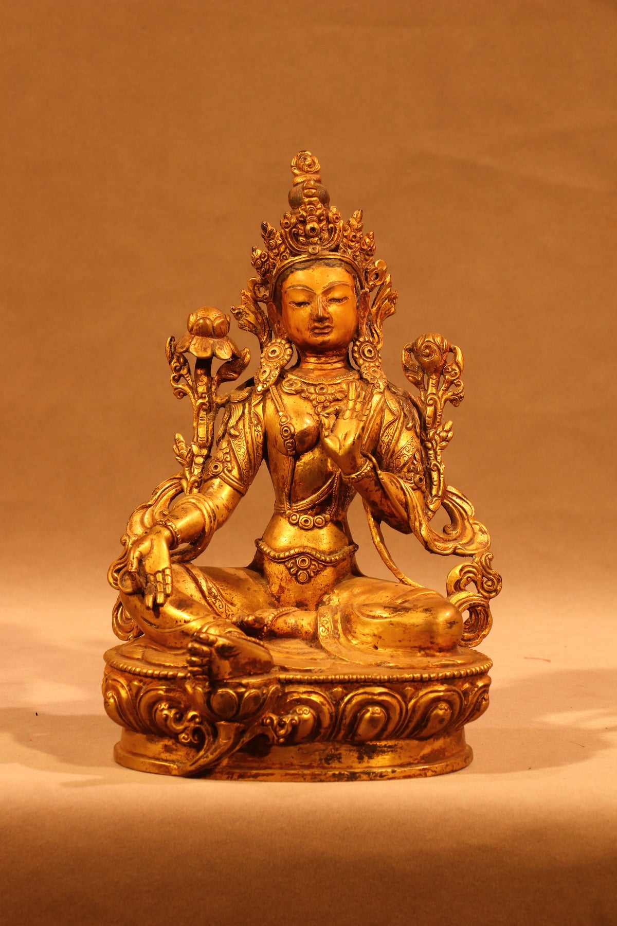 Green Tara Statue on Ornate Throne