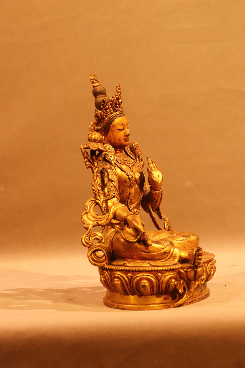 Green Tara Statue on Ornate Throne