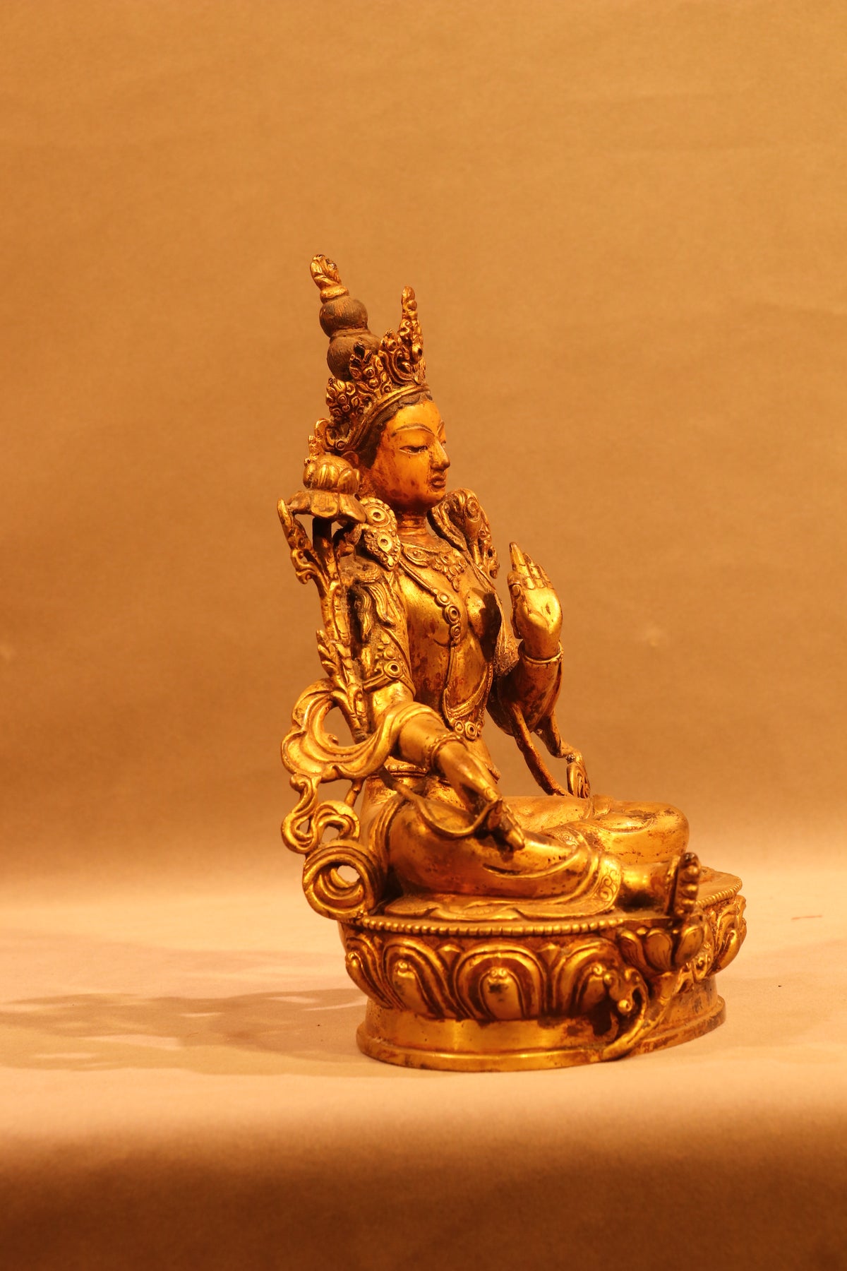Green Tara Statue on Ornate Throne