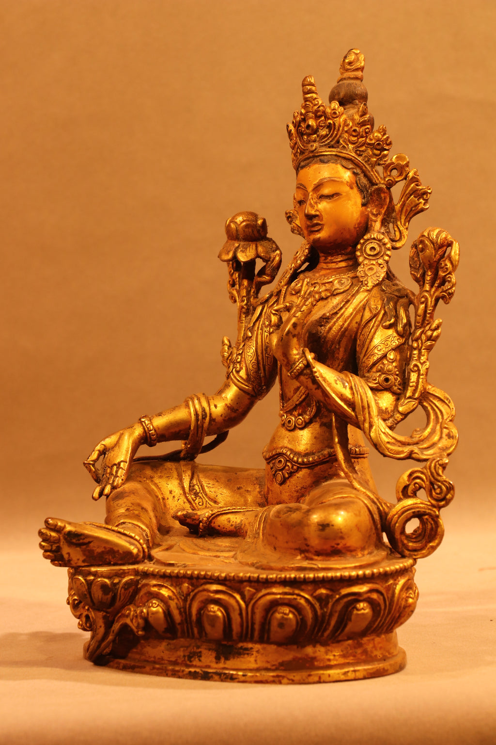 Green Tara Statue on Ornate Throne