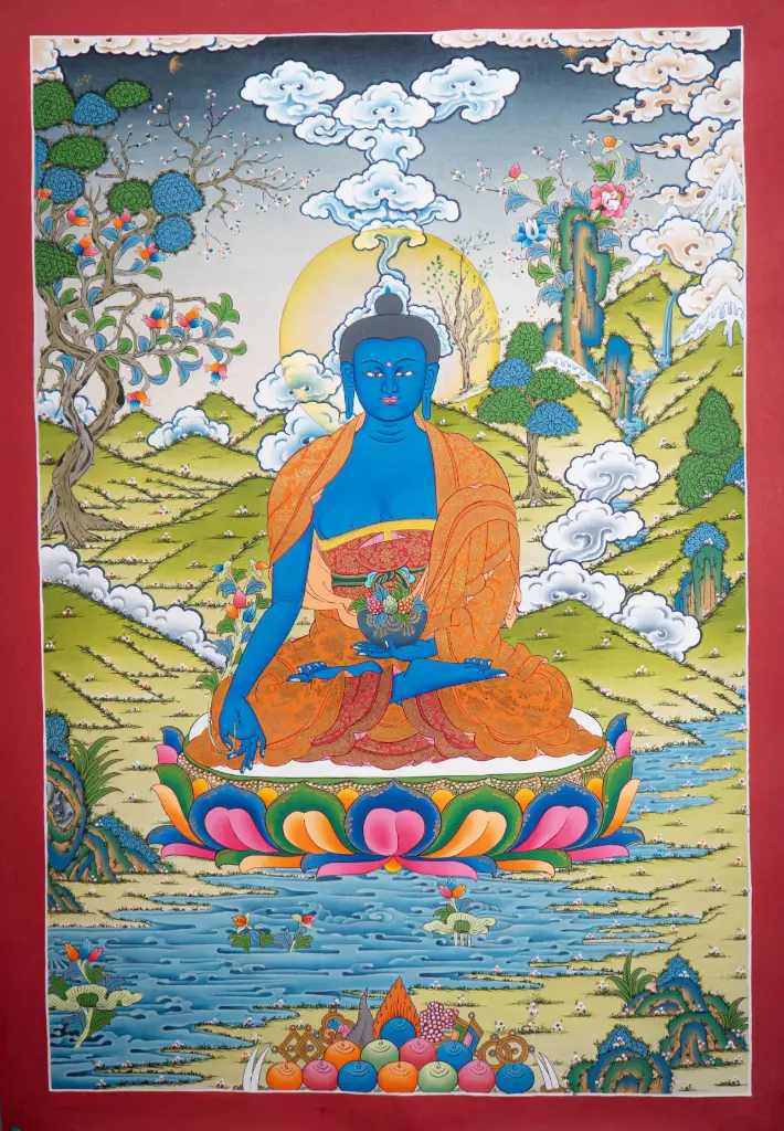 Medicine Buddha Thangka (Karma Gadri Style Tibetan Art of Peace & Vitality)