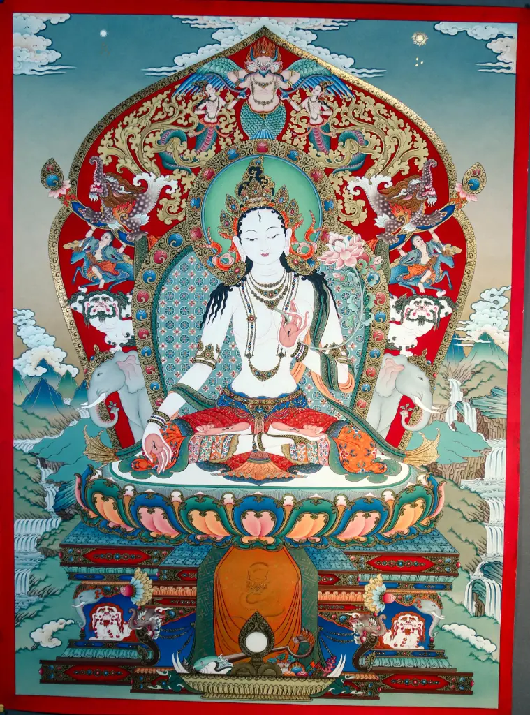 White Tara Thangka – Six Ornament Throne – Grandeur of Immortal Life