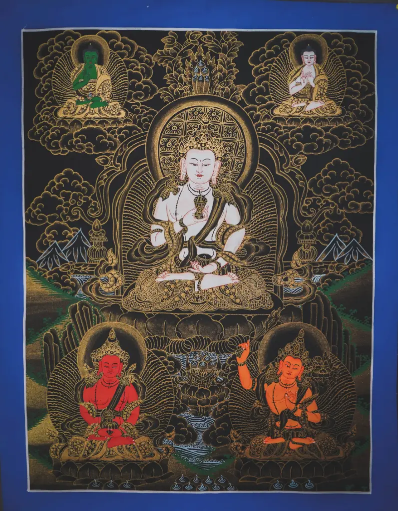 Vajrasattva Thangka with Manjushri, Amitayus, Amoghasiddhi & Vairocana – Nagthang Gold Assembly