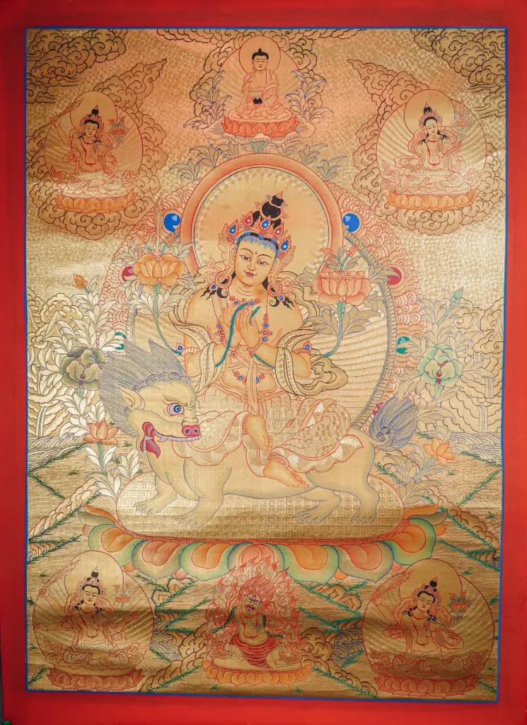 Manjushri on Lion Thangka (Five‑Fold Gold Serthang)
