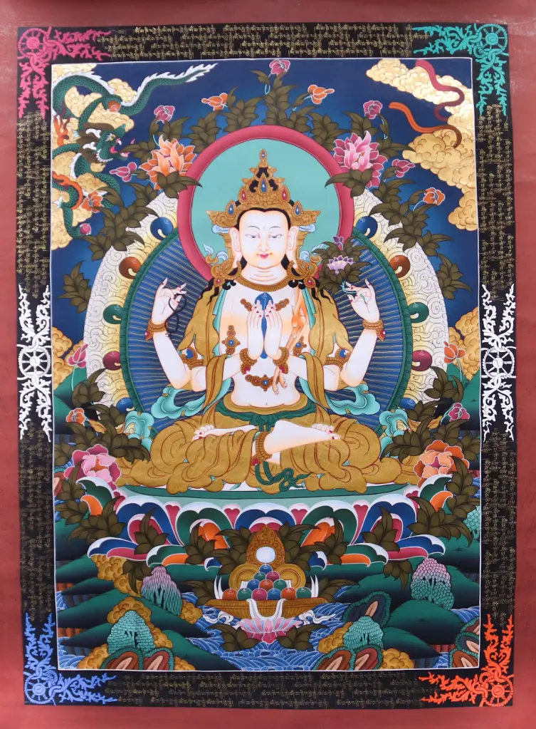 Four-Armed Chenrezig Thangka (Mantra-Infused Masterpiece)