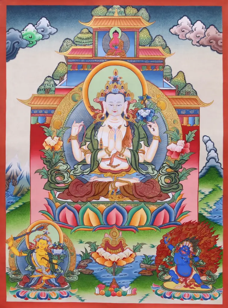 Rigsum Gonpo Thangka (Chenrezig, Manjushri & Vajrapani) The Trinity of Awakening
