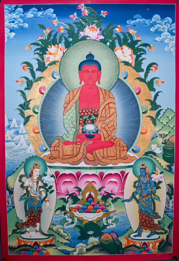 Amitabha Buddha Thangka – Pure Land Trinity Assembly – Sanctuary of Boundless Light