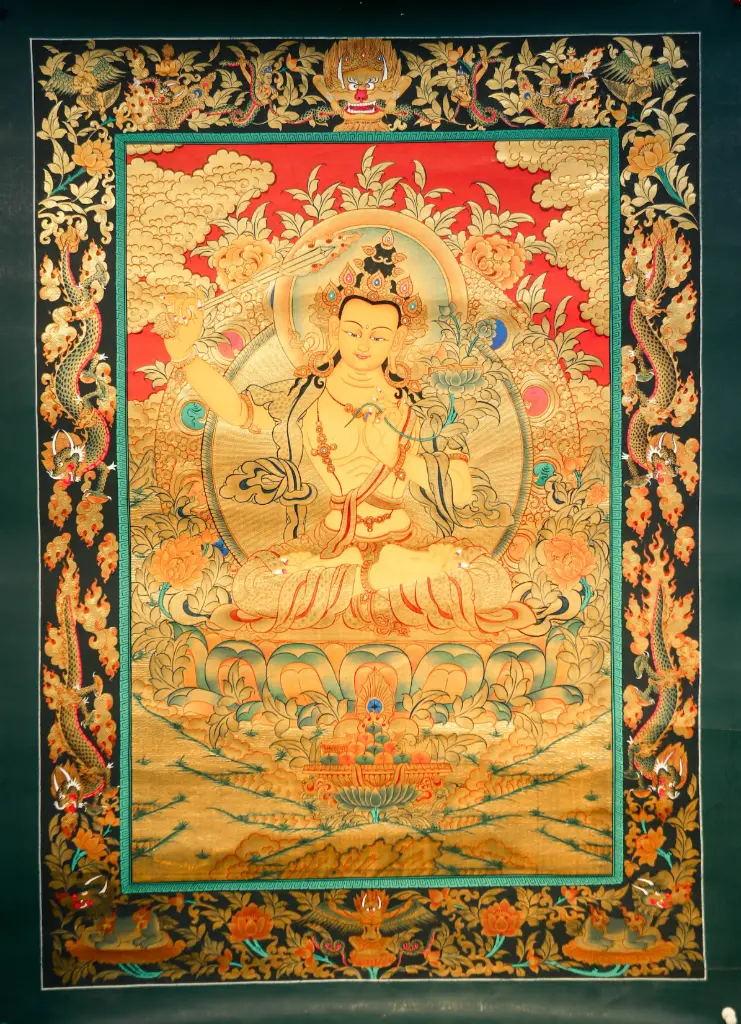 Golden Manjushri Thangka – Wisdom Surrounded by Dragons