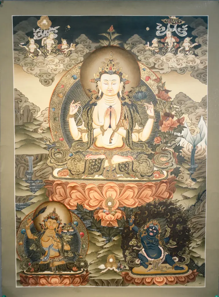 Chenrezig Thangka – Antique Earth Style – The Trinity of Awakening